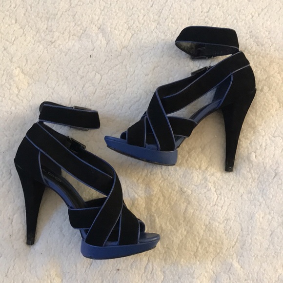 Aldo | Blue And Black Leather and Suede Like Strappy Open Toe Heels Size 38 - Picture 2 of 11
